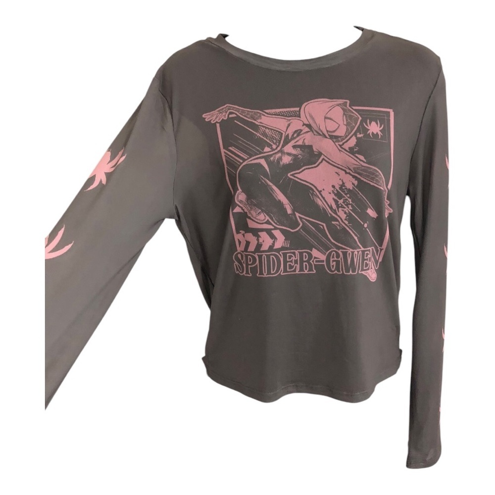 Marvel’s Spiderman Gwen olive green brown pink graphic print sheer mesh top sz L